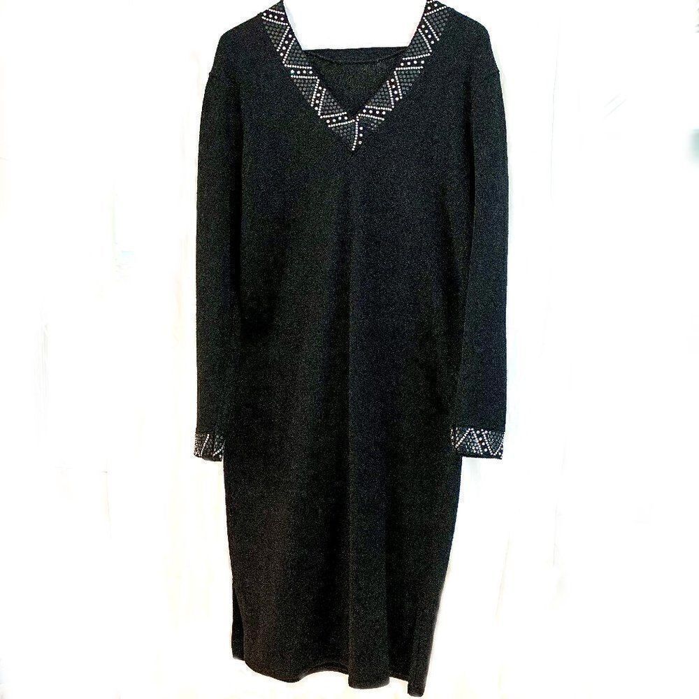 Vintage St Johns Black santana knit couture embellished LS dress elegant 4-6
